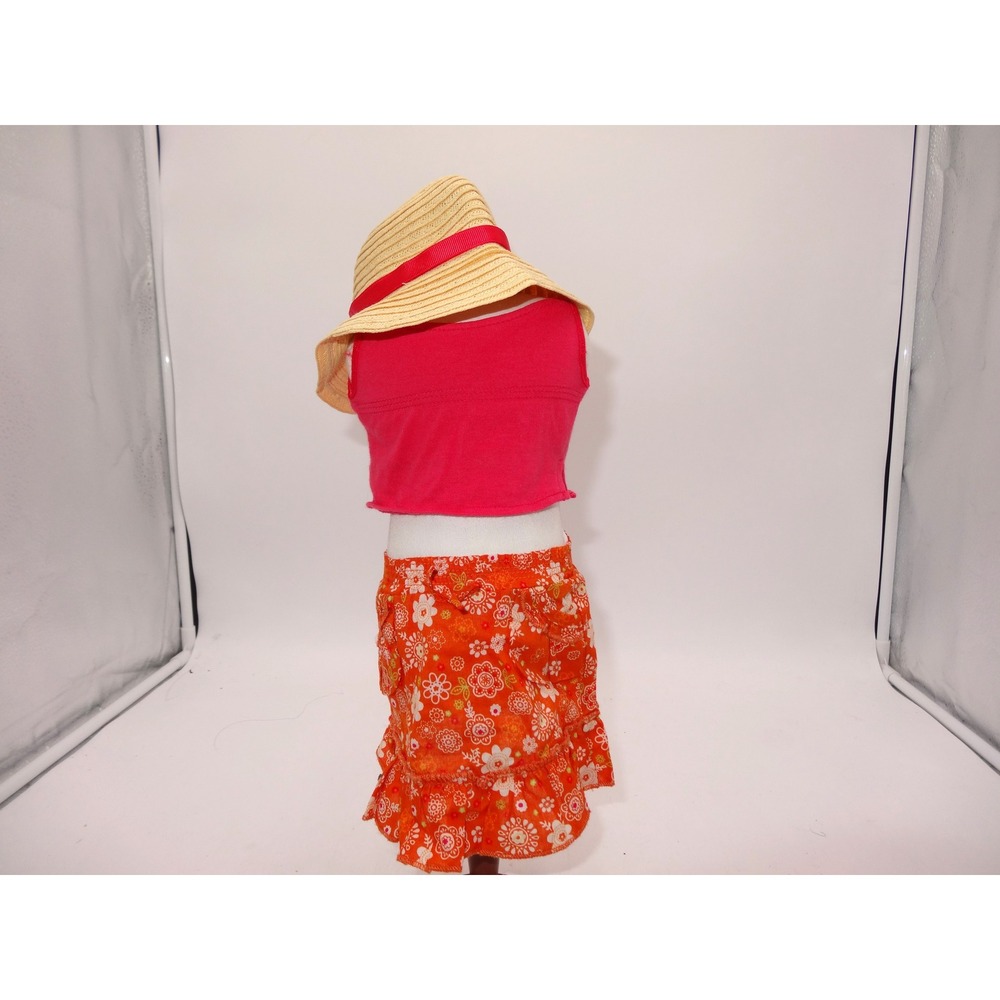 American Girl Gardening Outfit Pink Tank Top Orange Floral Skirt Straw Hat